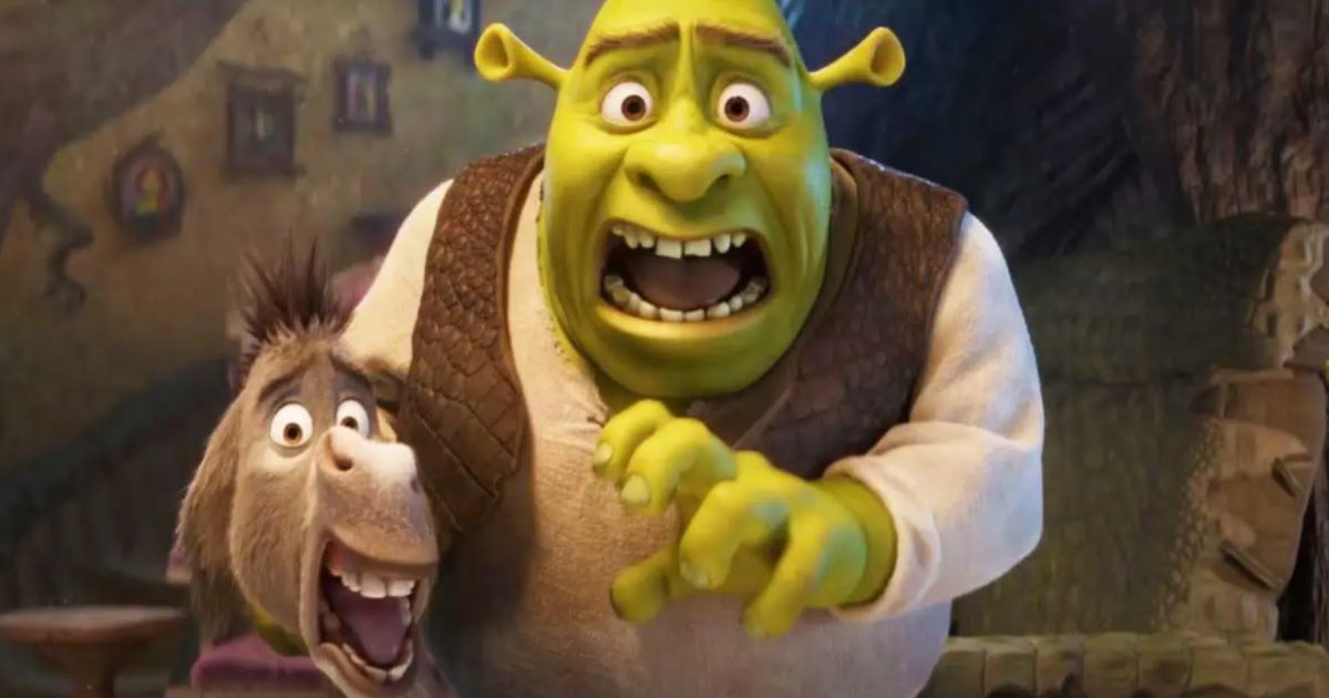 Shrek 5 production concept art featuring Shrek, Donkey, Fiona, and new character Felicia