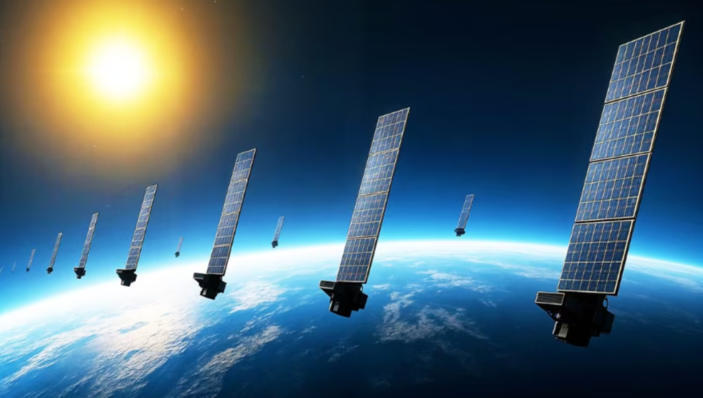 A Falcon 9 upper stage releasing a stack of Starlink satellites over Earth