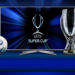 UEFA Super Cup trophy and teams PSG vs Tottenham, Stadio Friuli setting, August 2025