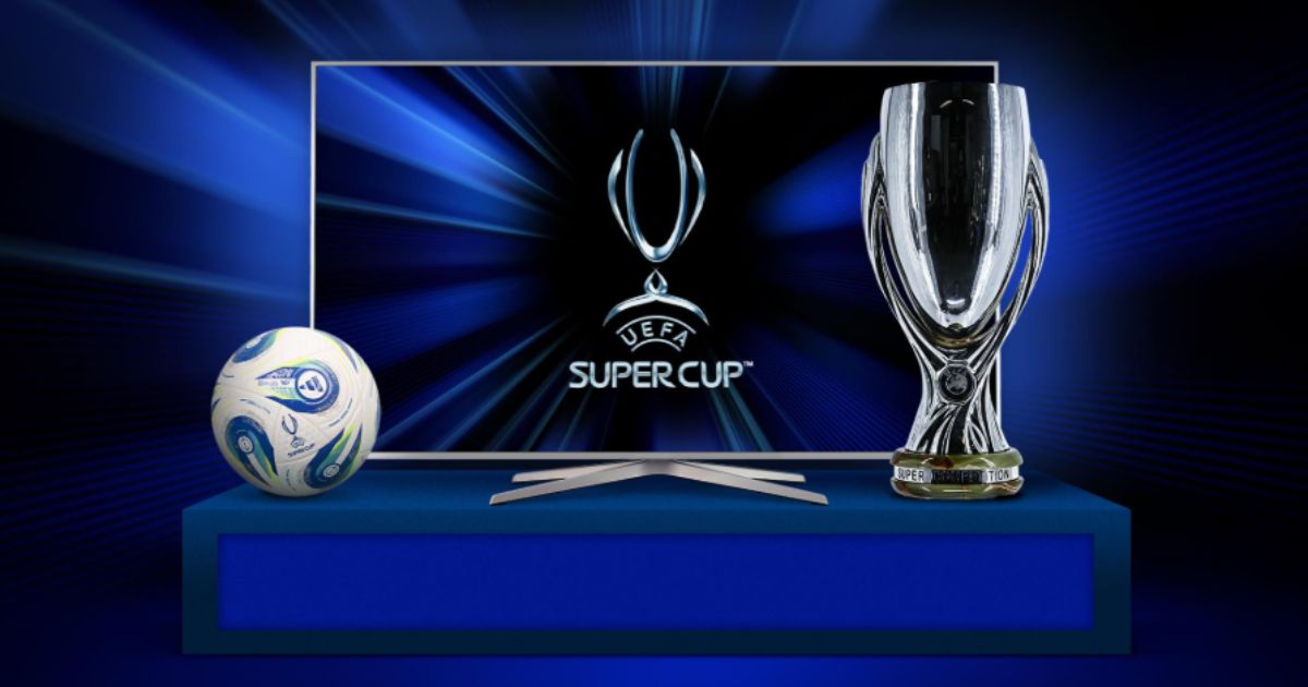 UEFA Super Cup trophy and teams PSG vs Tottenham, Stadio Friuli setting, August 2025