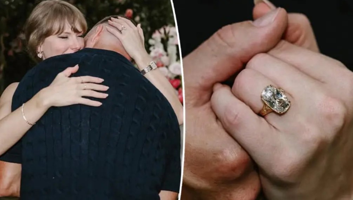 Close-up of Taylor Swift’s vintage-inspired old mine–style diamond engagement ring in yellow gold