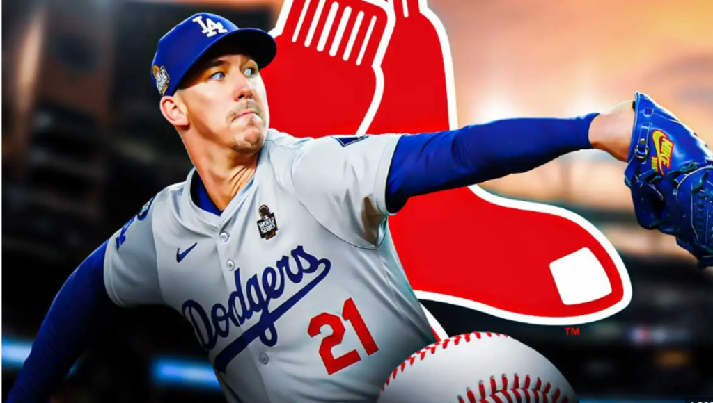 Walker Buehler in a Red Sox uniform walking off the mound at Fenway Park
