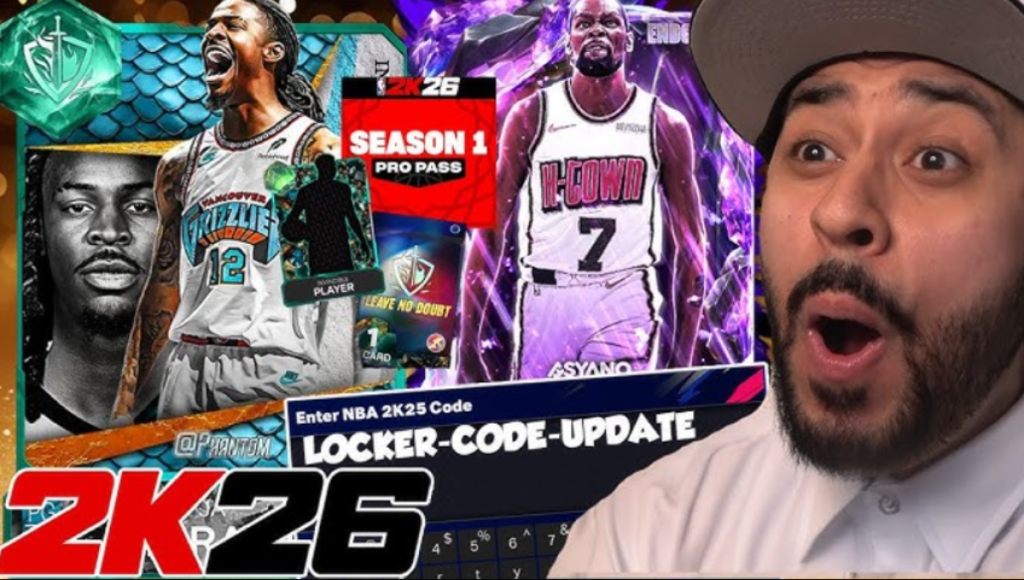 NBA 2K26 MyTEAM menu showing a controller entering a locker code with hyphens on a redemption screen