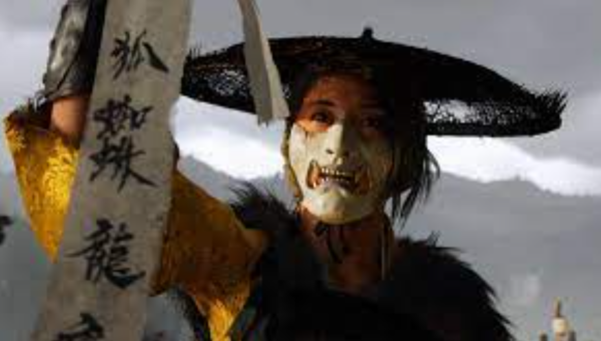 Ghost of Yōtei key art showing Atsu silhouetted against Mount Yōtei at dusk