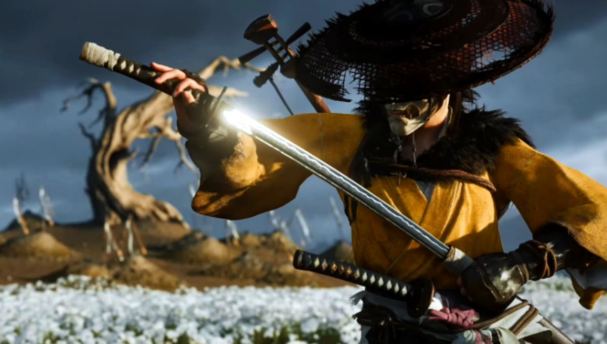 Ghost of Yōtei key art showing Atsu silhouetted against Mount Yōtei at dusk