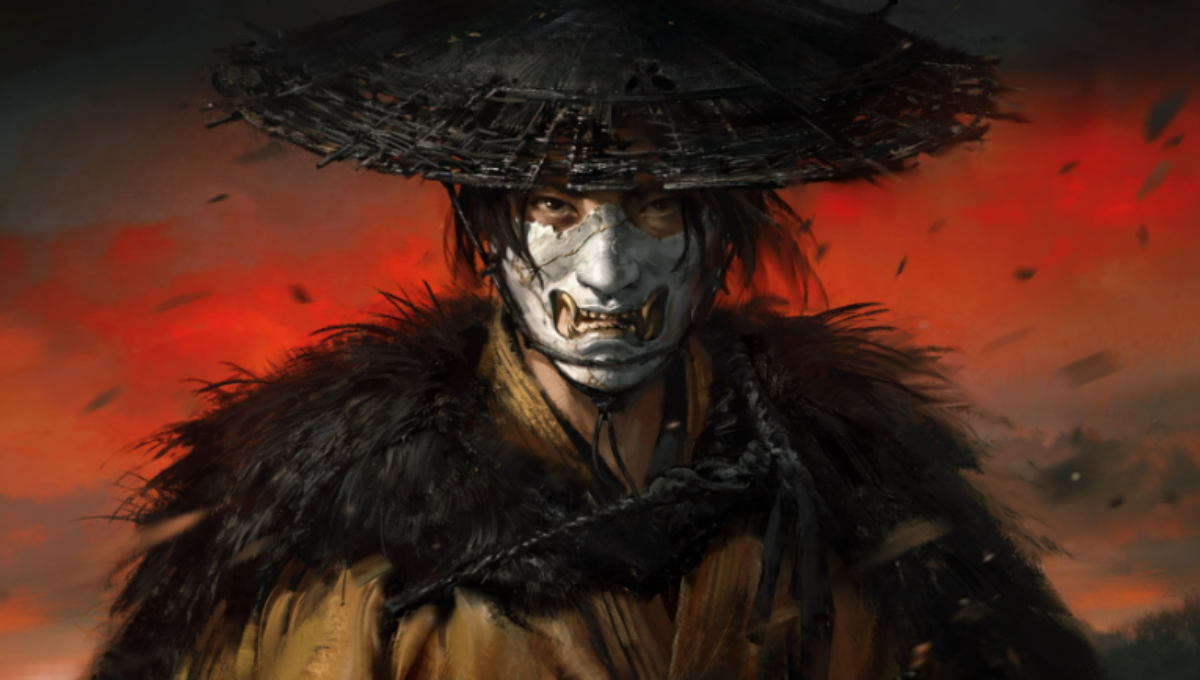 Ghost of Yōtei key art showing Atsu silhouetted against Mount Yōtei at dusk