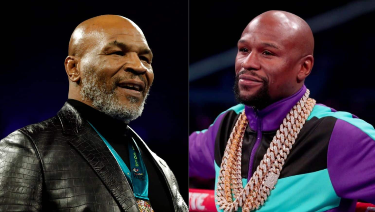 Mike Tyson vs Floyd Mayweather promotional face-off ahead of 2026 exhibition