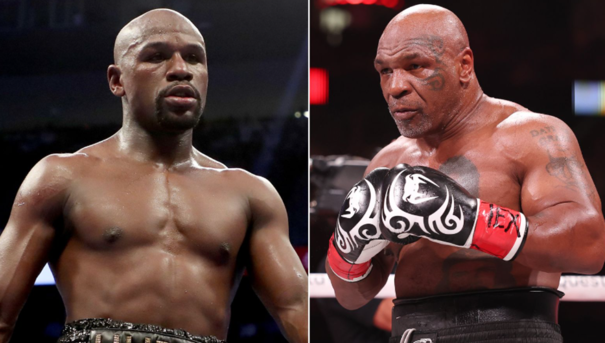 Mike Tyson vs Floyd Mayweather promotional face-off ahead of 2026 exhibition