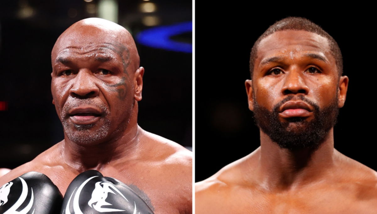 Mike Tyson vs Floyd Mayweather promotional face-off ahead of 2026 exhibition
