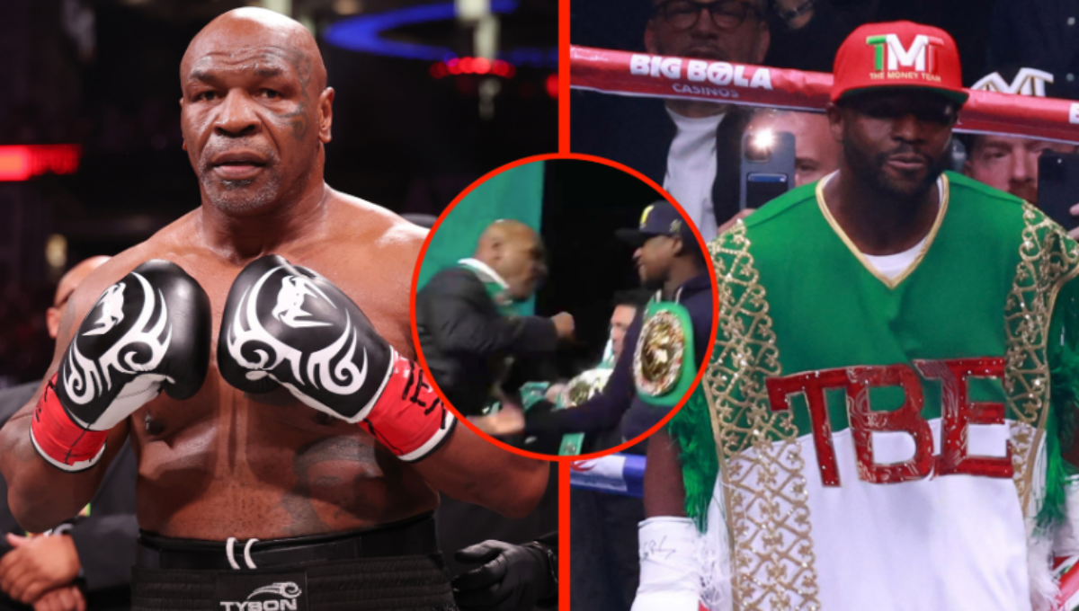 Mike Tyson vs Floyd Mayweather promotional face-off ahead of 2026 exhibition