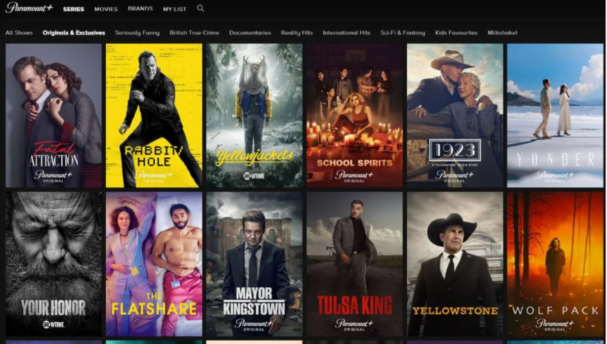 Paramount Plus app open on a smart TV showing sports and movies rows-