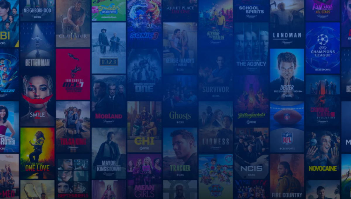 Paramount Plus app open on a smart TV showing sports and movies rows