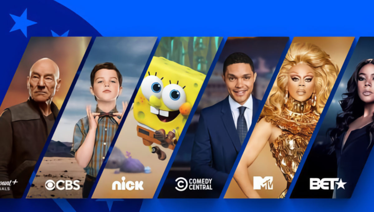 Paramount Plus app open on a smart TV showing sports and movies rows-