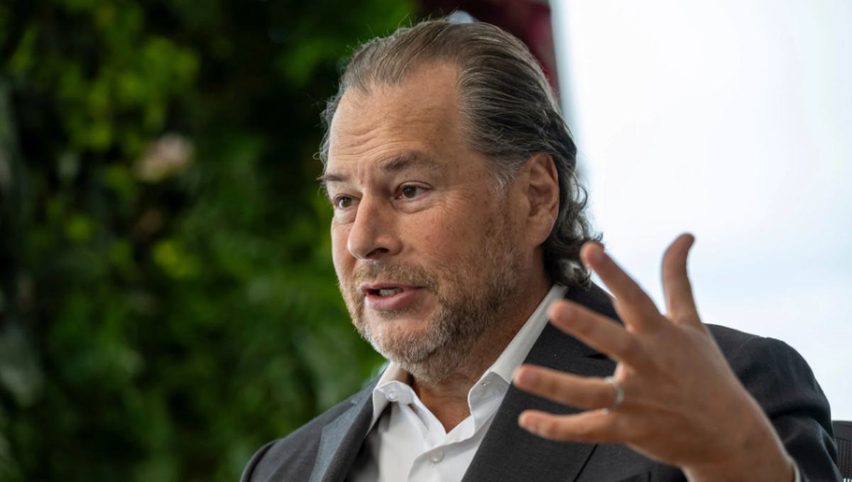 Marc Benioff speaking on stage about Salesforce AI, Agentforce, and Data Cloud strategy