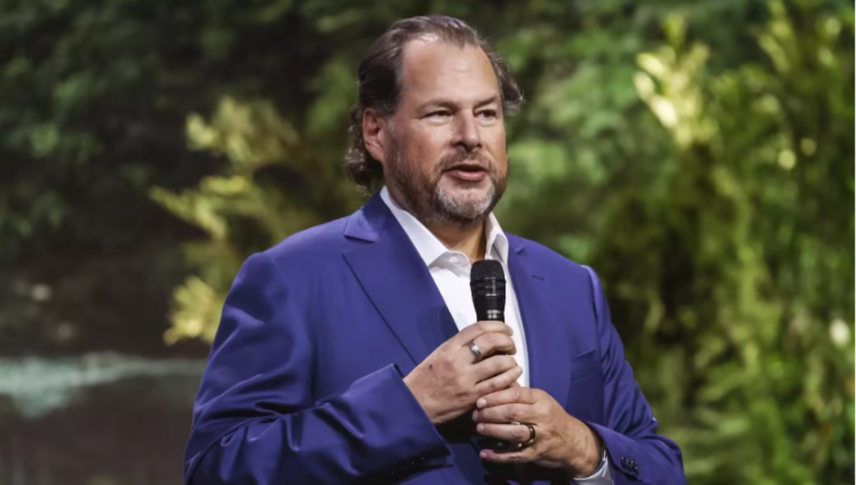 Marc Benioff speaking on stage about Salesforce AI, Agentforce, and Data Cloud strategy