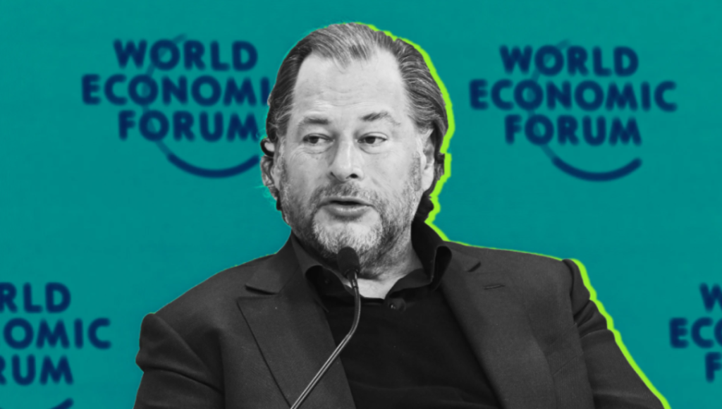 Marc Benioff speaking on stage about Salesforce AI, Agentforce, and Data Cloud strategy