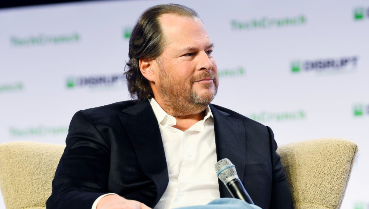 Marc Benioff speaking on stage about Salesforce AI, Agentforce, and Data Cloud strategy