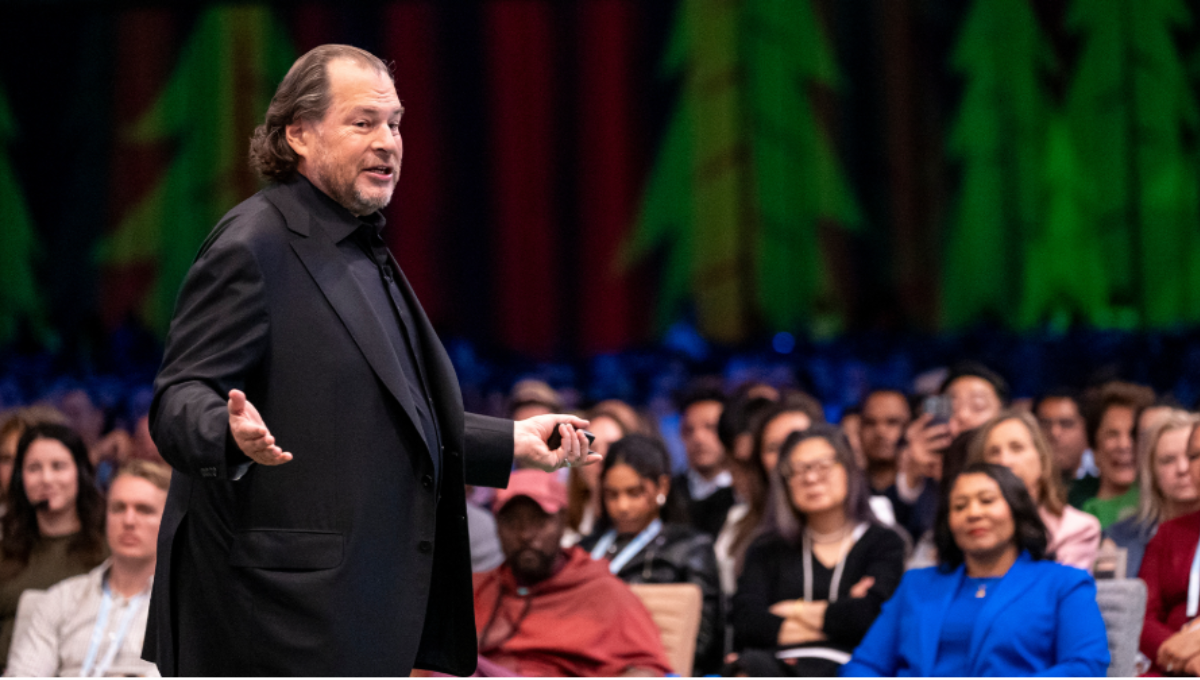 Marc Benioff speaking on stage about Salesforce AI, Agentforce, and Data Cloud strategy