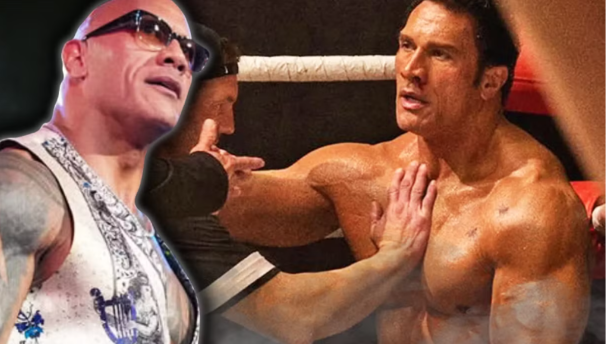 Dwayne Johnson as Mark Kerr in a dimly lit locker room, hands taped, preparing to fight
Tags: Smashing Machine, Dwayne Johnson, Emily Blunt, Mark Kerr, A24, Venice Film Festival, MMA