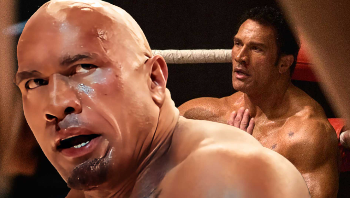 Dwayne Johnson as Mark Kerr in a dimly lit locker room, hands taped, preparing to fight
Tags: Smashing Machine, Dwayne Johnson, Emily Blunt, Mark Kerr, A24, Venice Film Festival, MMA