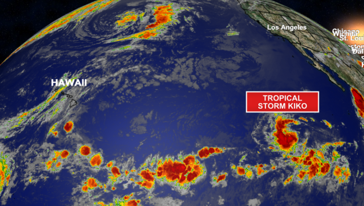 GOES-18 satellite view showing Tropical Storm Kiko’s compact core swirling over the open Eastern Pacific