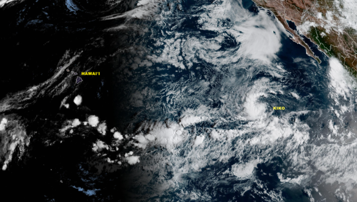 GOES-18 satellite view showing Tropical Storm Kiko’s compact core swirling over the open Eastern Pacific