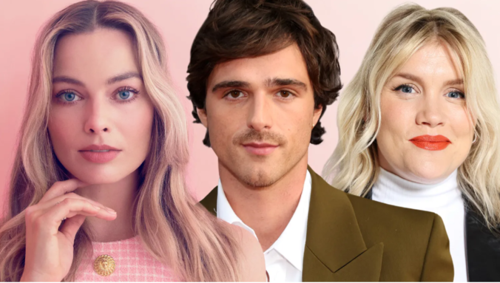 Poster-style image of Margot Robbie and Jacob Elordi as Catherine Earnshaw and Heathcliff on a windswept moor at dusk