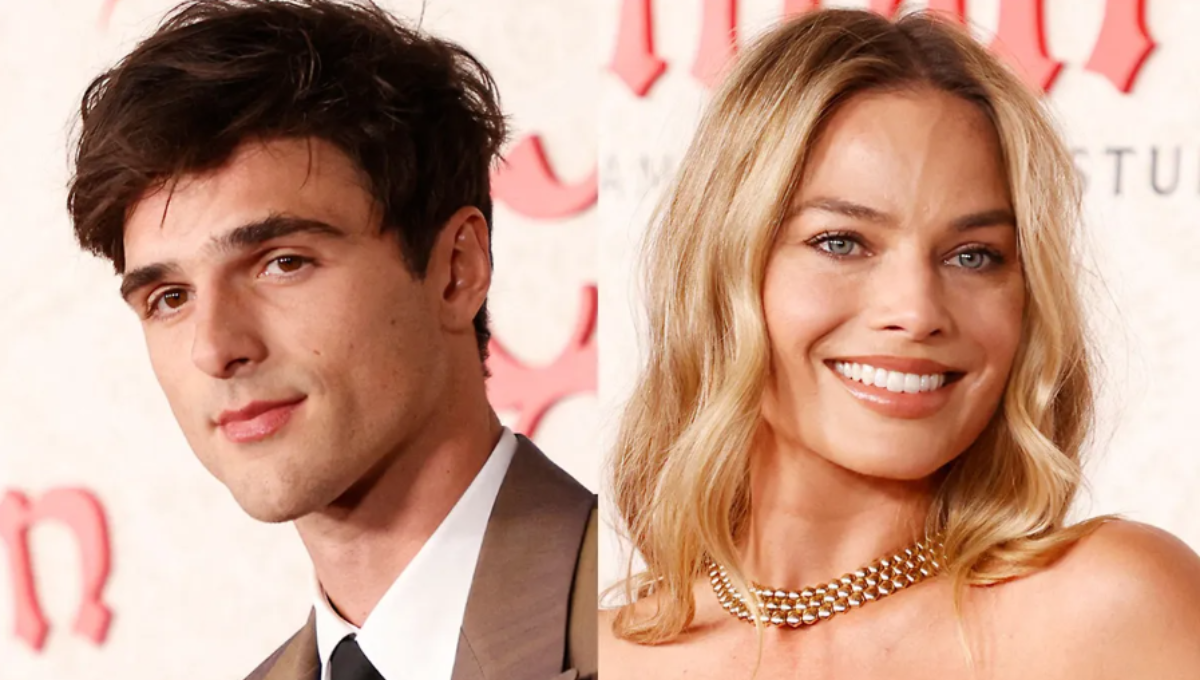 Poster-style image of Margot Robbie and Jacob Elordi as Catherine Earnshaw and Heathcliff on a windswept moor at dusk