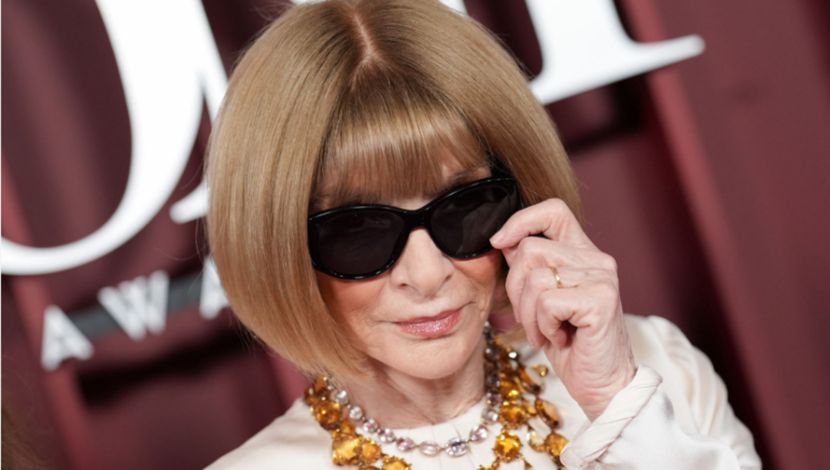 Anna Wintour on the Met Gala red carpet in a crystal-embellished gown with signature sunglasses