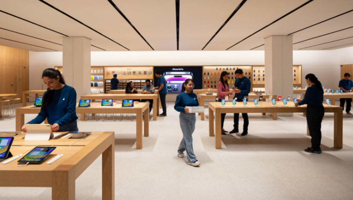 Exterior of a modern Apple Store with glass facade and customers gathering outside at dusk