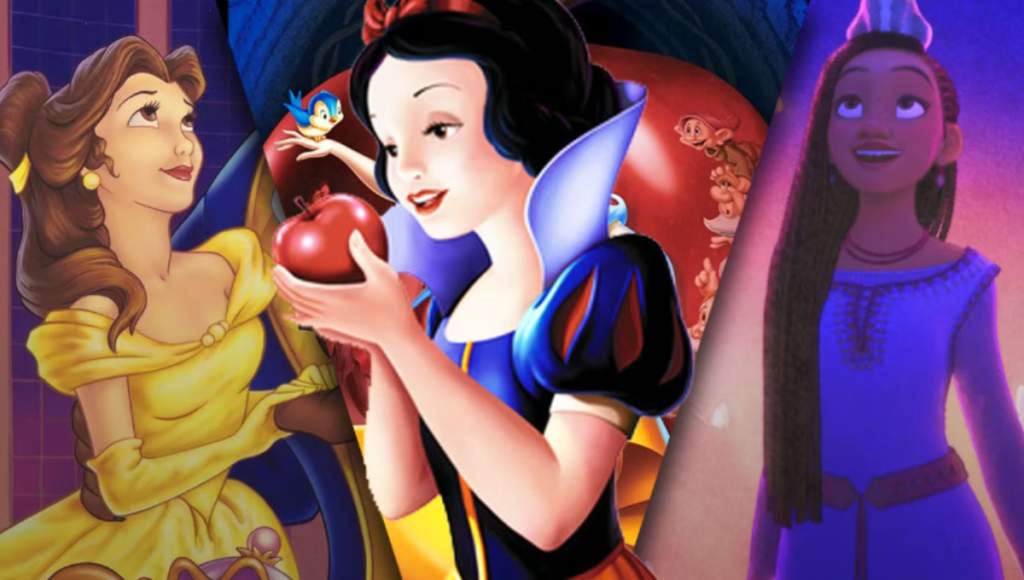 Disney princesses gathered on a castle stage during a 2025 celebration