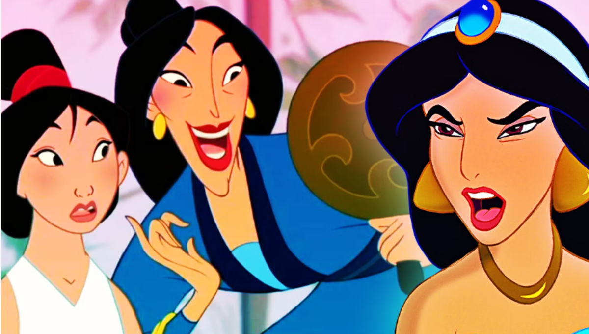 Disney princesses gathered on a castle stage during a 2025 celebration