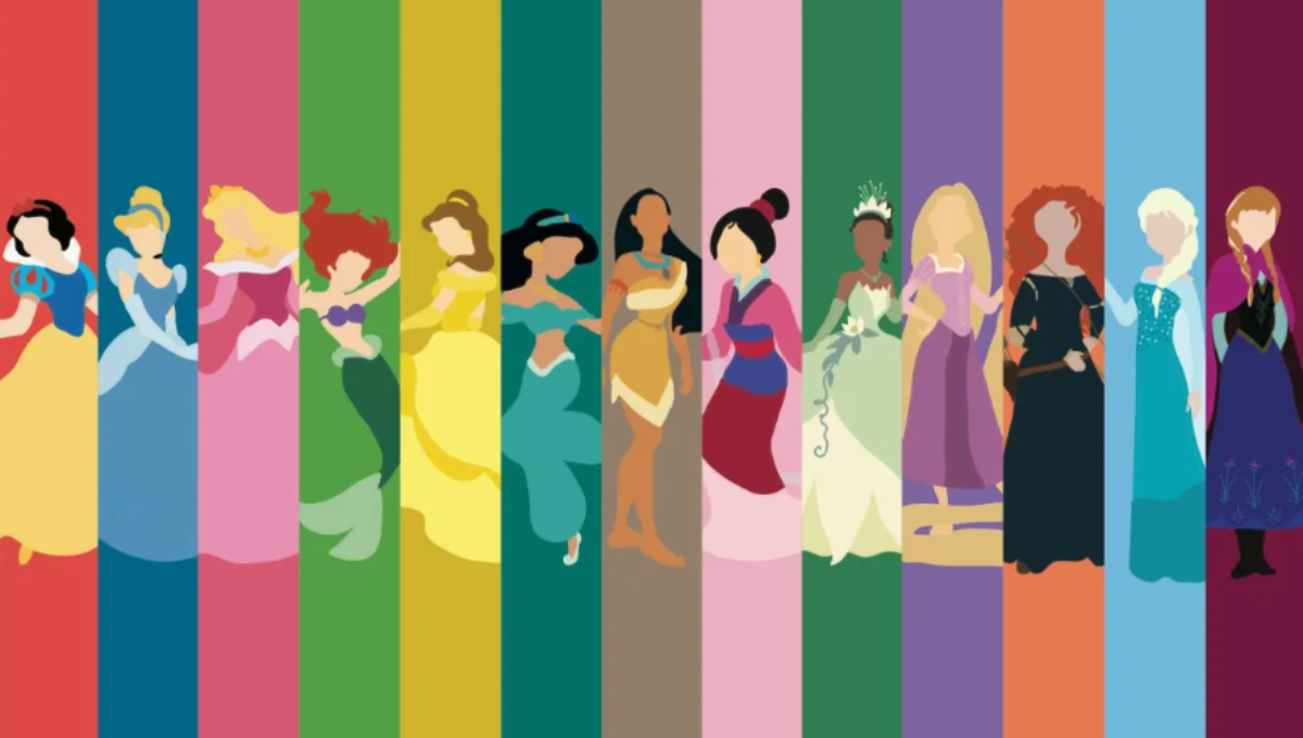 Disney princesses gathered on a castle stage during a 2025 celebration