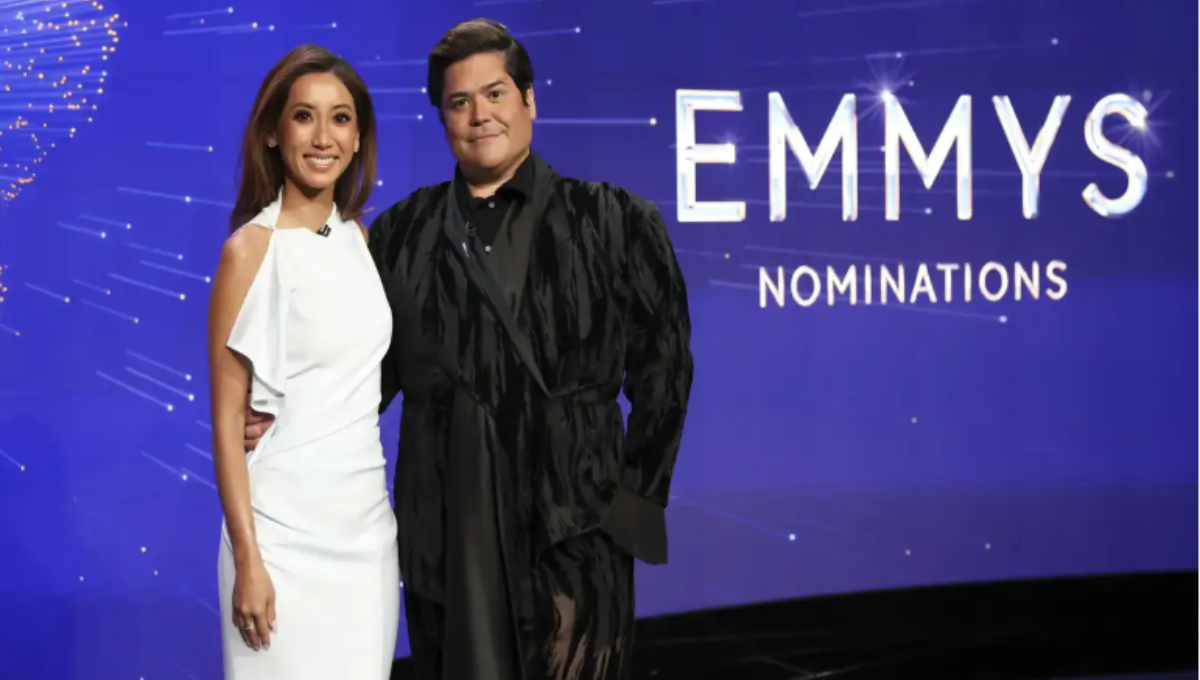 Emmy Awards 2025 stage at the Peacock Theater with golden statuettes