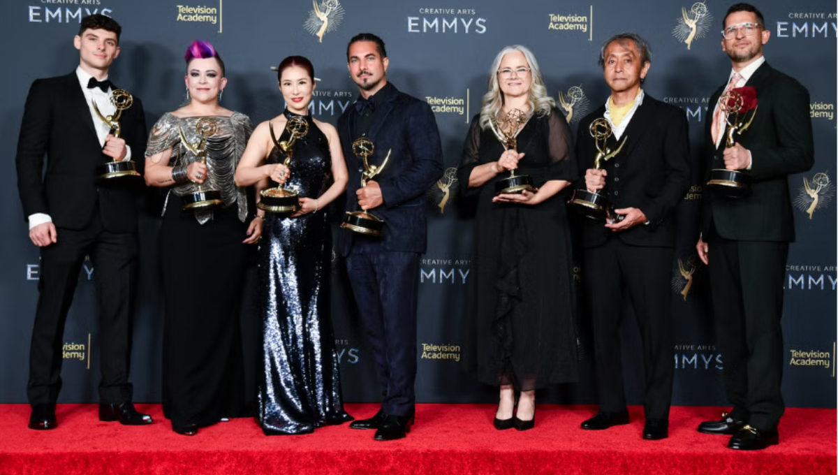 Emmy Awards 2025 stage at the Peacock Theater with golden statuettes