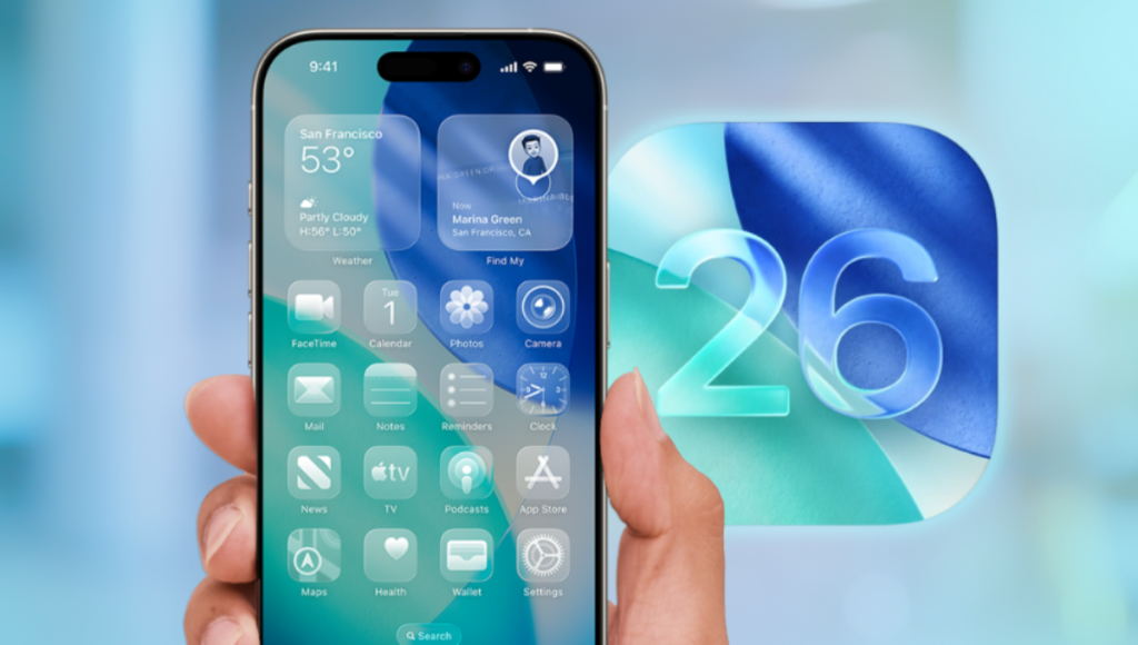iOS 26 interface showing Liquid Glass design and Apple Intelligence features on an iPhone
