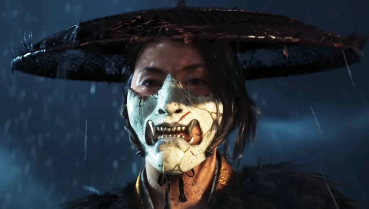 Ghost of Yōtei key art showing Atsu silhouetted against Mount Yōtei at dusk